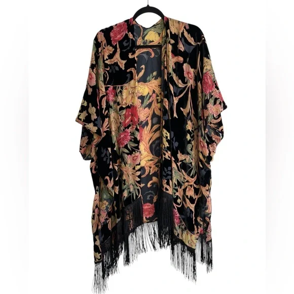 Lovestitch Burnout Velvet Fringe Kimono Stevie Nicks Whimsigoth - Picture 1 of 4